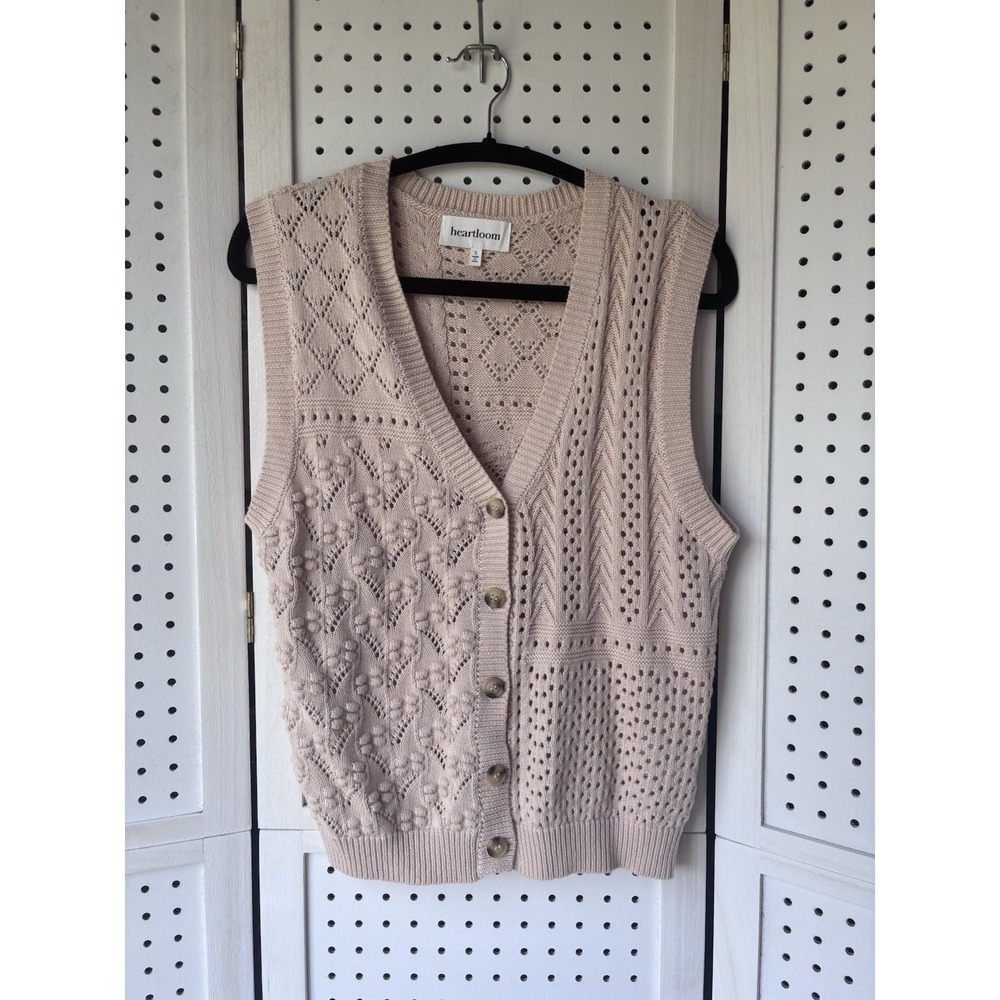 Heartloom Crochet Knit‎ Sweater Vest Button V Neck Beige Women's Small